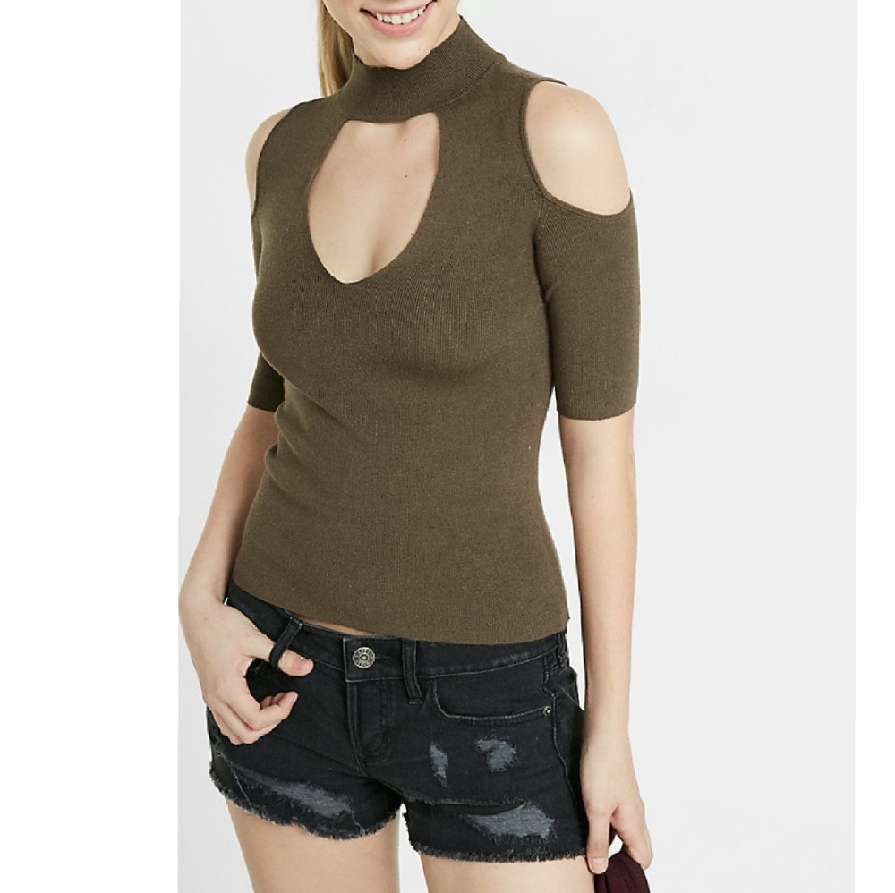 Express Ribbed Cold Shoulder CutOut Choker Sweater